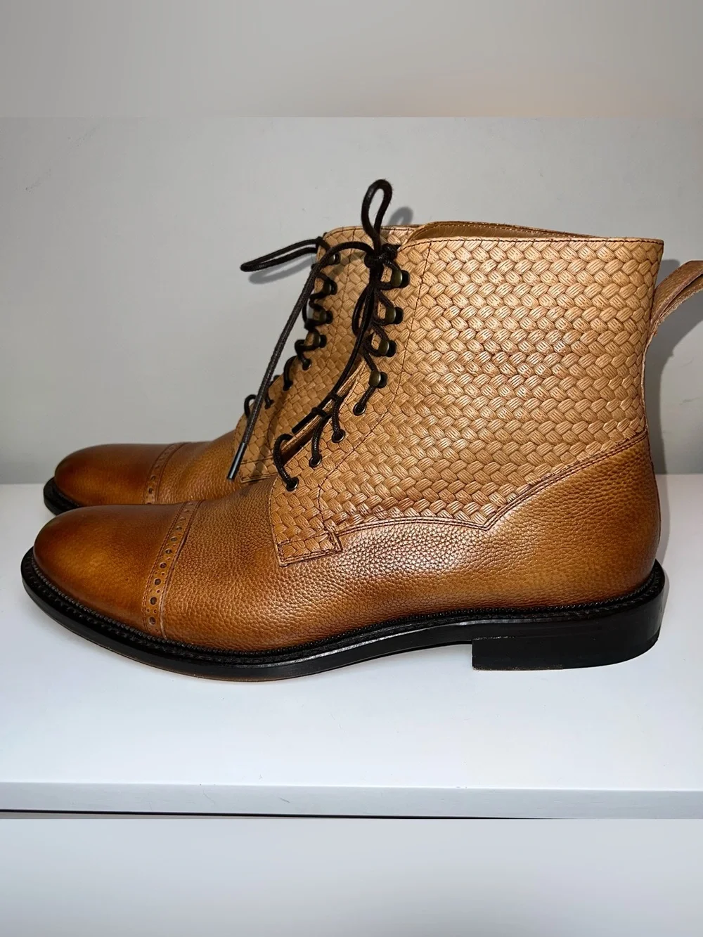 Taft Tan Woven Leather Chukka Lace-Up Boots